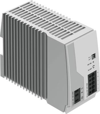 Ein graues elektronisches Gerät mit Lüftungsschlitzen und Anschlüssen an der Vorderseite, wahrscheinlich ein Netzteil oder Konverter.