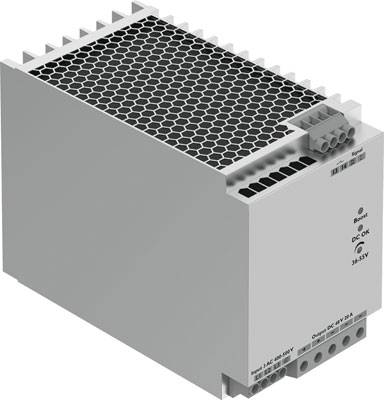 Industrienetzteil mit Gittergehäuse, rechteckige Form, graue Farbe, mehrere Anschlussklemmen, für Schaltschrankmontage geeignet.