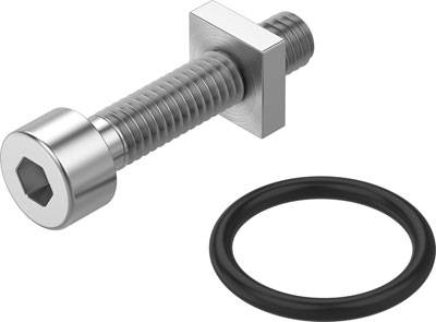 Metallschraube mit quadratischem Kopf und schwarzem Gummiring, isoliert auf weißem Hintergrund.