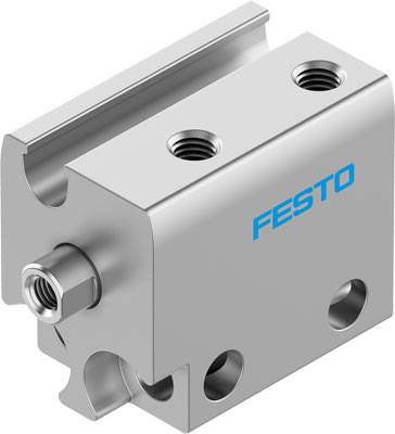 Silberner Pneumatikzylinder von Festo mit mehreren Befestigungspunkten und Anschlüssen.