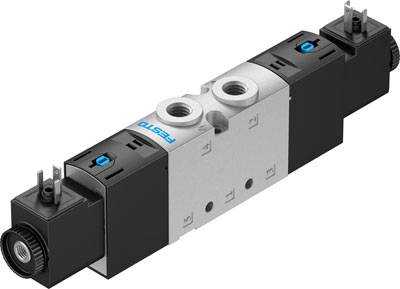 Elektropneumatisches Ventil von Festo mit zwei Anschlüssen und elektrischen Steuerelementen an den Enden, für industrielle Anwendungen.