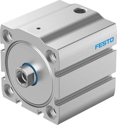 FESTO Pneumatikzylinder in silberner Farbe mit blauer Dichtung und Schraube in der Mitte, geeignet für industrielle Anwendungen.