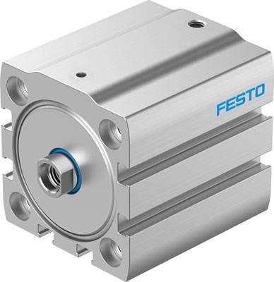 Ein silberner pneumatischer Zylinder mit Firmenlogo 'Festo', quadratische Grundform, geeignet für präzise industrielle Anwendungen.