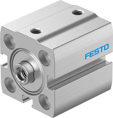 Silberner Pneumatikzylinder von Festo mit vier Befestigungspunkten und zentralem Lager, auf hellem Hintergrund.