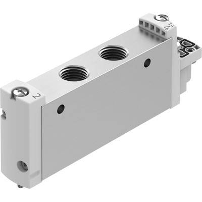 Ein graues pneumatisches Ventil mit drei Anschlüssen und Beschriftungen '1', '2', '4'. Geeignet für industrielle Anwendungen.