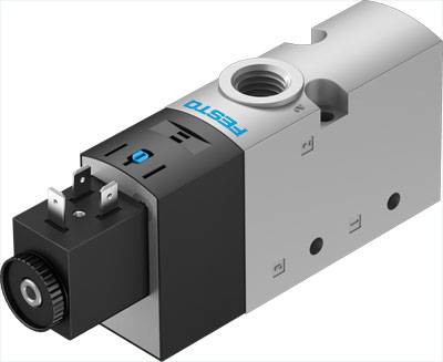 Elektromagnetisches Ventil von Festo, Silber und Schwarz, mit mehreren Anschlüssen und einem Einstellrad auf der linken Seite.