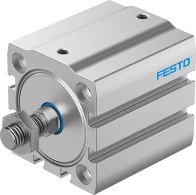 Pneumatischer Zylinder von Festo in kompakter, eckiger Bauform; silberfarben mit blauen Akzenten; geeignet für technische Anwendungen.