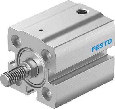 Silberner Pneumatikzylinder von Festo mit sichtbarer Kolbenstange, kompakte Bauweise, geeignet für industrielle Anwendungen.