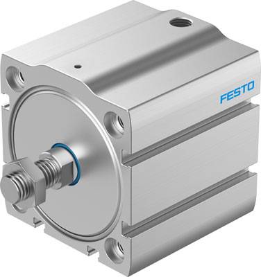 Silberner pneumatischer Zylinder mit blauer Aufschrift 'Festo' auf der Seite. Rechteckige Form mit abgerundeten Ecken und zentraler Befestigungsschraube.
