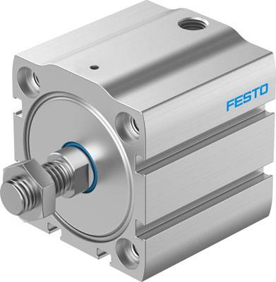 Kompaktzylinder aus Metall mit quadratischem Gehäuse, Flanschplatte und Befestigungsgewinde. Logo 'FESTO' sichtbar.