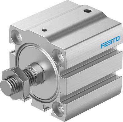 Silberner pneumatischer Zylinder mit quadratischer Form und seitlicher Befestigung, Marke 'Festo'.