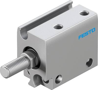 Grauer pneumatischer Zylinder mit blauer 'Festo'-Aufschrift, hat einen hervorstehenden Bolzen und mehrere befestigende Schraublöcher.