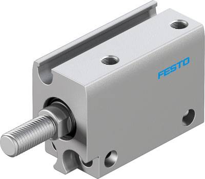 Ein kompakter pneumatischer Zylinder von Festo mit zwei Befestigungsbohrungen und einem herausstehenden Gewindebolzen zur kraftübertragung.