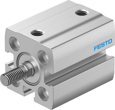Pneumatischer Zylinder von Festo, silber, mit vier Befestigungslöchern. Hauptkomponente in Maschinen für lineare Bewegungen.