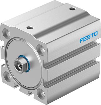 Zylindrischer Pneumatikzylinder von Festo, silberfarben, mit vier Schraubenlöchern sichtbar, vor weißem Hintergrund.