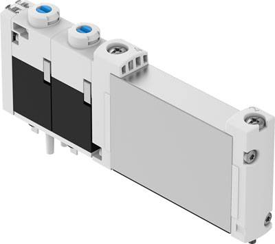 Ein modularer, kompakter Ventilblock mit zwei schwarzen Ventilen und blauen Markierungen, geeignet für pneumatische Steuerungen.