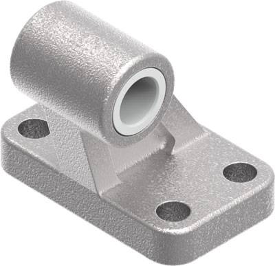 Ein silbernes Metallteil mit einem zylindrischen Aufsatz und einer rechteckigen Basis mit vier Löchern, vermutlich eine Halterung.