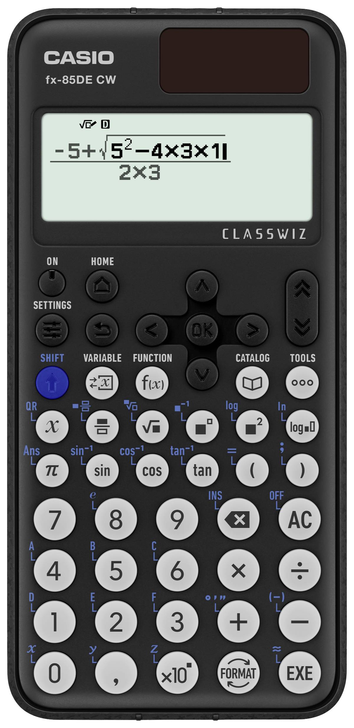 Ein Taschenrechner zeigt die Berechnung '-5 + √(52 - 4 x 3 x 11) / 2 x 3' an. Oben steht 'CASIO fx-85DE CW CLASSWIZ'.