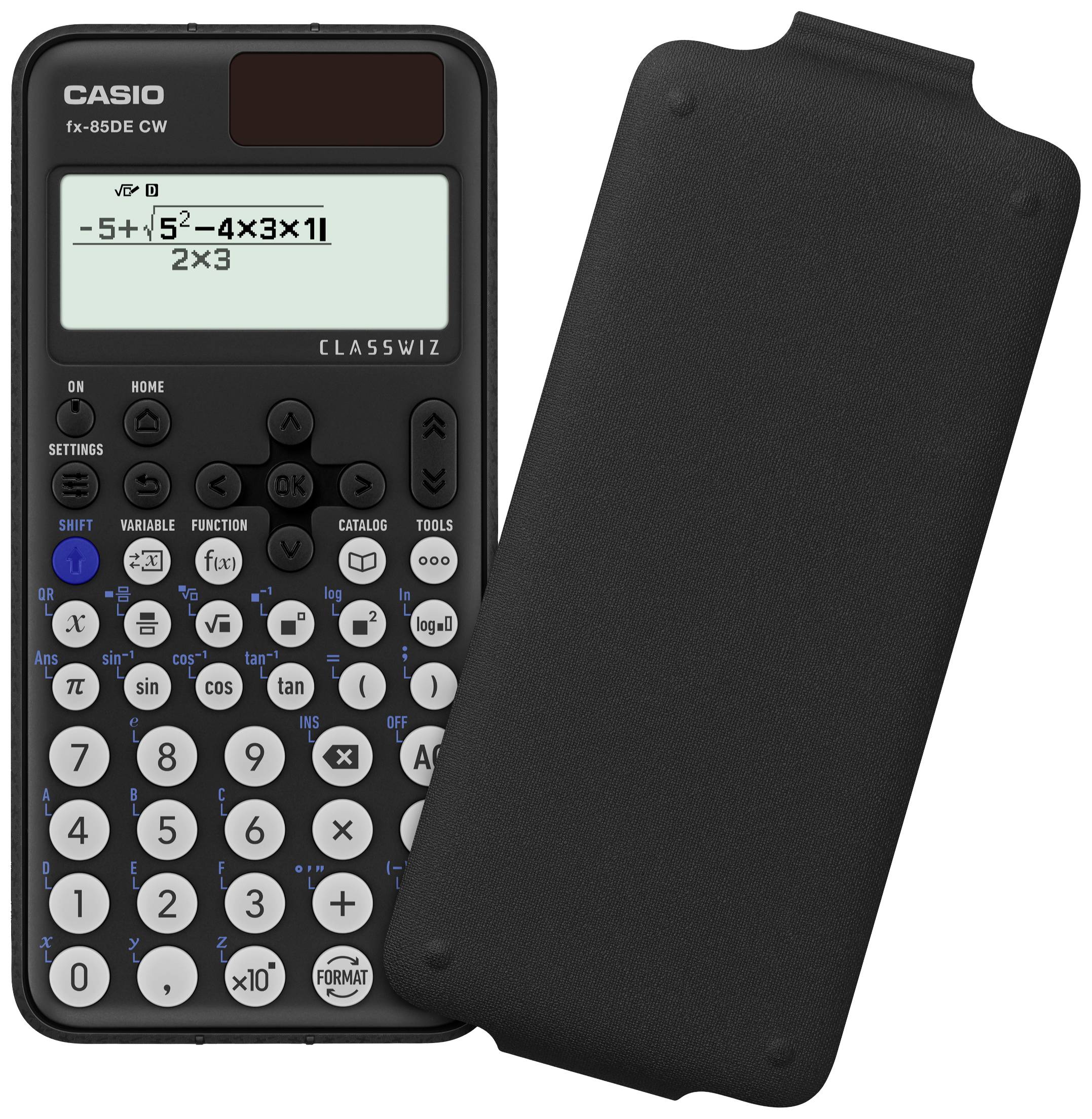 Ein wissenschaftlicher Taschenrechner der Marke Casio, Modell fx-85DE CW, zeigt eine komplexe mathematische Berechnung auf dem Display.