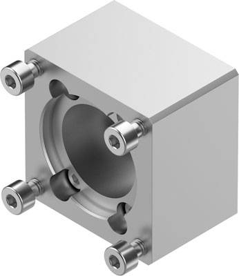Eine silberne Befestigungsblock für lineare Führungsschienen mit vier Schraubenlöchern und einer zentralen Aufnahme für eine Welle.