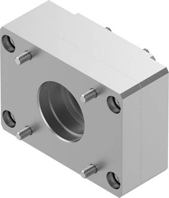 Metallblock mit zentralem runden Loch, umgeben von sechs Schraubenlöchern an den Ecken und Kanten.