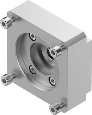 Metallteil mit quadratischem Rahmen und zentralem, zylindrischen Ausschnitt. Vier Schrauben an den Ecken fixieren das Teil.