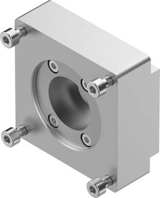 Metallisches Gehäuseteil mit rechteckiger Form und zentralem kreisförmigem Ausschnitt, befestigt durch vier seitliche Schrauben.