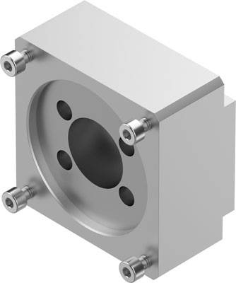 Rechteckiger Metallblock mit einem zentralen Loch und vier Schrauben in den Ecken.