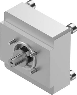 Ein graues, rechteckiges Maschinenteil mit sichtbarer Schraube und Zylinderelementen an den Ecken.