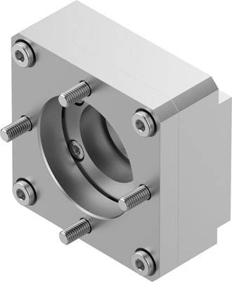 Ein quadratischer Metallblock mit sechs Schrauben an der Vorderseite. In der Mitte befindet sich eine kreisförmige Öffnung.