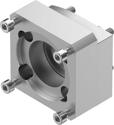Metallischer Lagerblock in Würfelform mit zentralem Loch und fünf sichtbaren Schrauben, genutzt zur Befestigung von rotierenden Wellen.