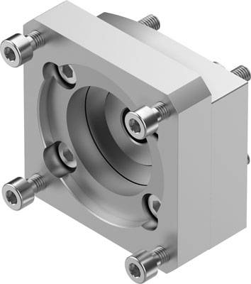 Ein Metallblock mit mehreren Schrauben, die in die Ecken eingefügt sind. Das Design deutet auf eine technische Komponente hin.