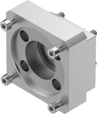 Metallisches Maschinenteil in quadratischer Form mit zentraler Öffnung und vier Schrauben an den Ecken, wahrscheinlich ein Flansch.