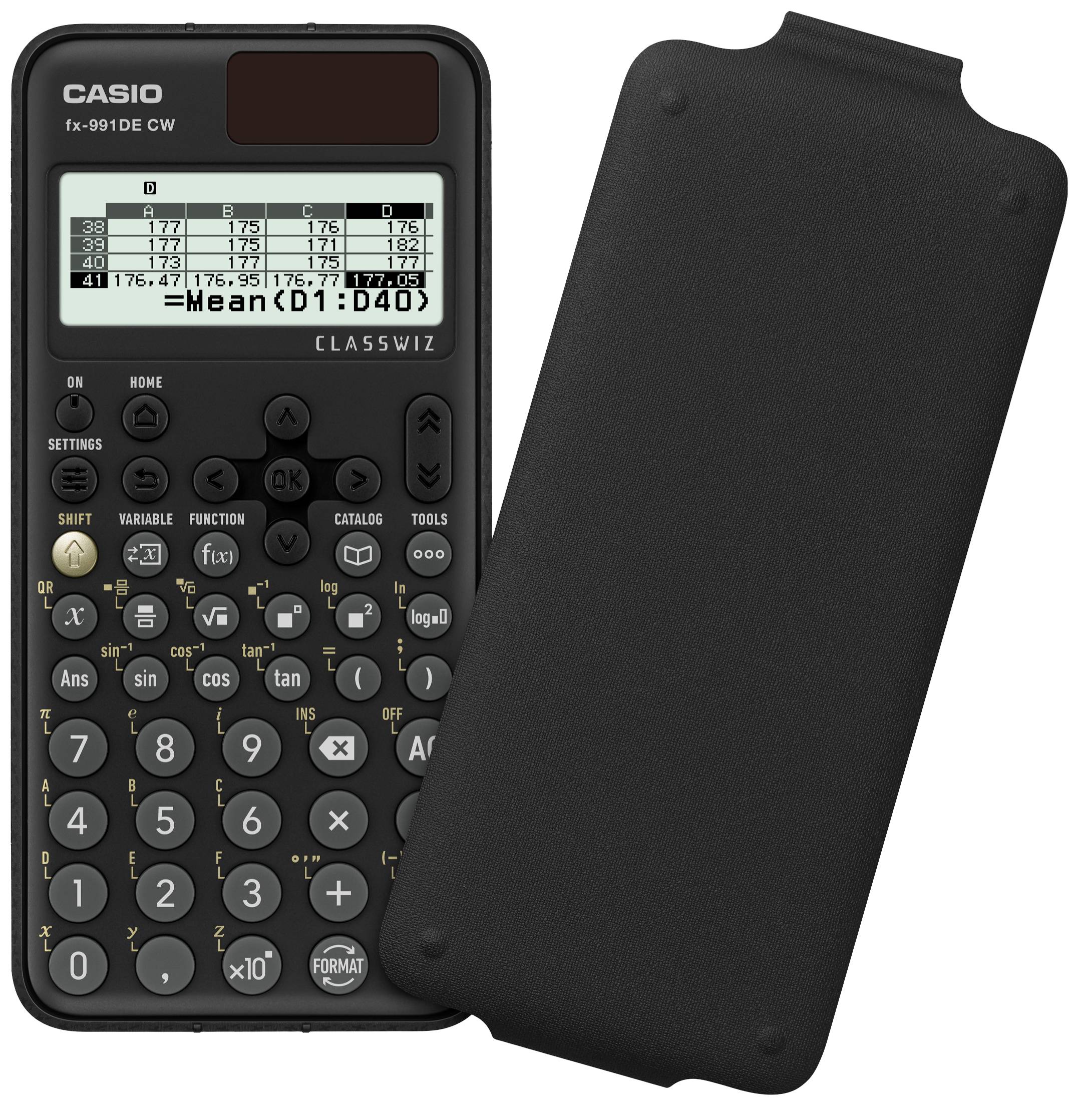 Ein wissenschaftlicher Taschenrechner, Modell Casio fx-991DE CW, mit abgenommener Abdeckung. Display zeigt Statistikdaten: D1:40.