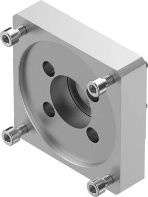 Metallplatte mit zentralem Loch und vier Schrauben in den Ecken. Mechanisches Bauteil, möglicherweise für Maschinenmontage geeignet.