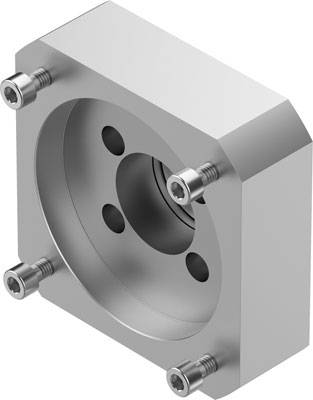 Metallischer Winkelblock mit vier Schrauben an den Ecken, zentralem Loch und zwei kleineren Löchern. Wird in Maschinenteilen verwendet.