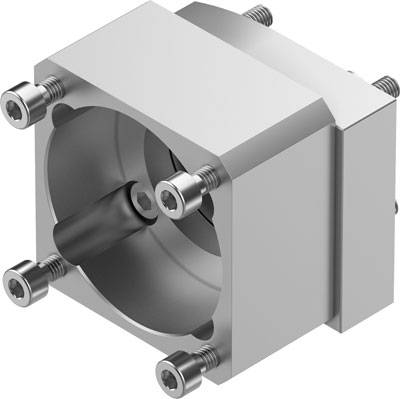 Metallblock mit zylindrischer Öffnung und sechs Schrauben an den Ecken zur Befestigung, vermeintlich ein Bauteil zur Maschinenmontage.