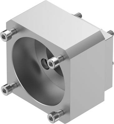 Metallwürfel mit zentraler, runder Öffnung und mehreren seitlichen Schrauben, möglicherweise Teil eines mechanischen Systems.