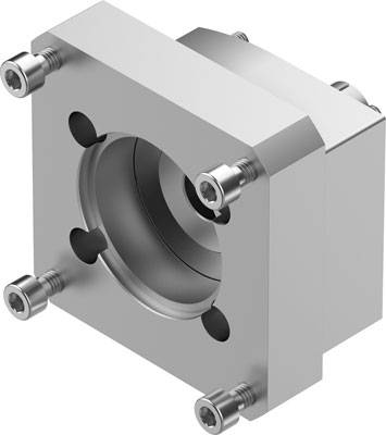 Ein silbernes Metallbauteil mit zentraler runder Öffnung und fünf Schrauben an den Ecken, das für die Montage oder Verbindung verwendet wird.