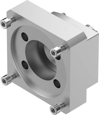 Metallblock in L-Form, mit großem zentralen Loch und sechs gleichmäßig verteilten Schraubenlöchern an den Rändern.