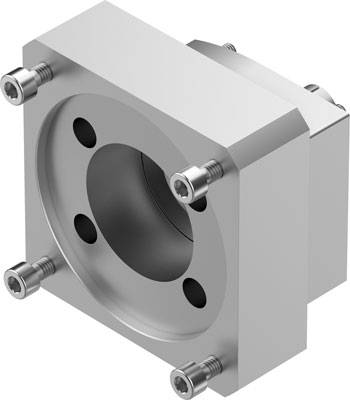 Ein quadratischer Metallflansch mit zentraler runder Öffnung, befestigt durch sechs Schrauben, vermutlich zur Befestigung in technischen Anwendungen.