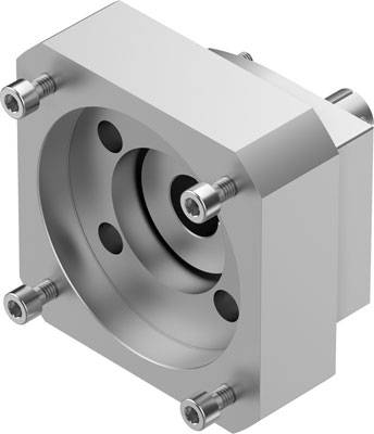 Metallkomponente in würfelförmiger Bauweise mit zentraler Öffnung und fünf Schrauben an den Ecken.