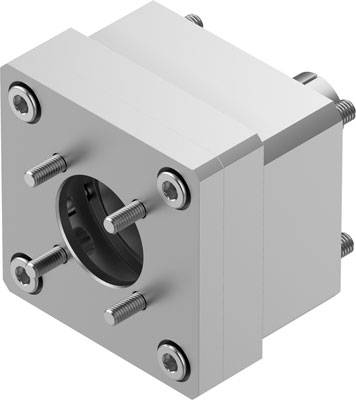 Metallischer Maschinenteil mit sechseckiger Form und Bolzen in den Ecken. Im Mittelpunkt befindet sich ein zylinderförmiges Loch.