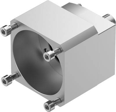 Metallischer kubischer Block mit zentralem kreisförmigen Hohlraum, befestigt durch sechs Schrauben an den Kanten.