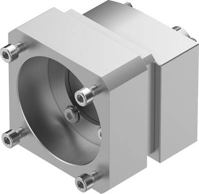 Silbernes metallisches Bauteil mit zentralem zylindrischem Hohlraum, umgeben von acht Schrauben.