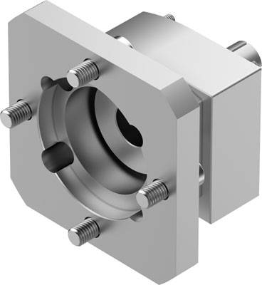 Industrieller Metallflansch mit Befestigungsschrauben in Vorderansicht. Silberne Farbe, mechanische Komponente.