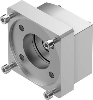 Metallische Maschinenkomponente in rechteckiger Form mit Gewindeschrauben an den Ecken und einer zentralen kreisförmigen Öffnung.