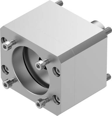 Metallblock mit zentraler runder Öffnung, flankiert von sechs Schrauben.