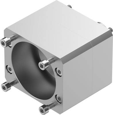 Ein silberner, quaderförmiger Metallblock mit einer runden Öffnung und mehreren Schrauben an den Ecken.