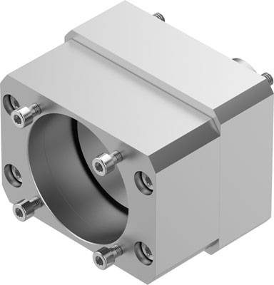 Ein silbernes, quadratisches Metallteil mit einem runden, zentralen Hohlraum und sechs Schrauben, geeignet für mechanische Anwendungen.